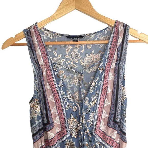 American Eagle Blue and Pink Floral Boho, Festival Wear Faux Wrap Romper - Picture 3 of 7